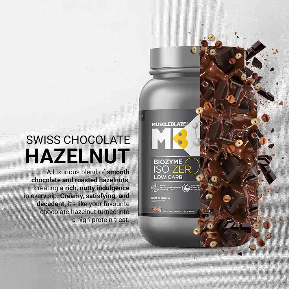 3 - MuscleBlaze Biozyme Iso-Zero, 2.2 lb Low Carb Swiss Chocolate Hazelnut - Low Sweetness
