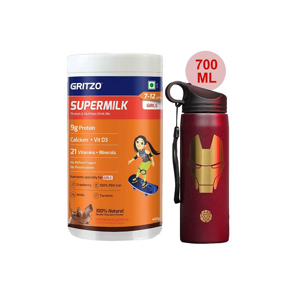 Supermilk Overall Growth for Girl 7 to 12 Yrs 400g and 700ml Iron Man Sipper Combo