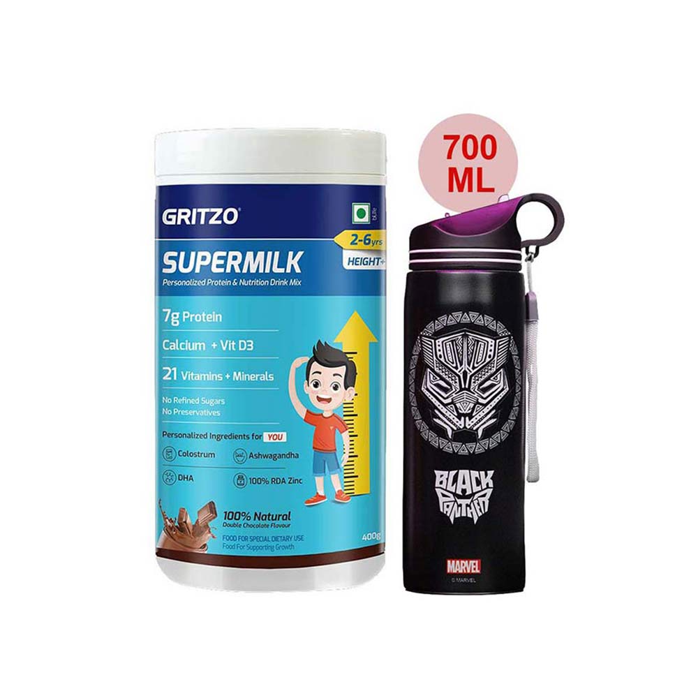 Supermilk Height+ for Boy/Girl 2 to 6 Yrs 400g and 700ml Black Panther Sipper Combo