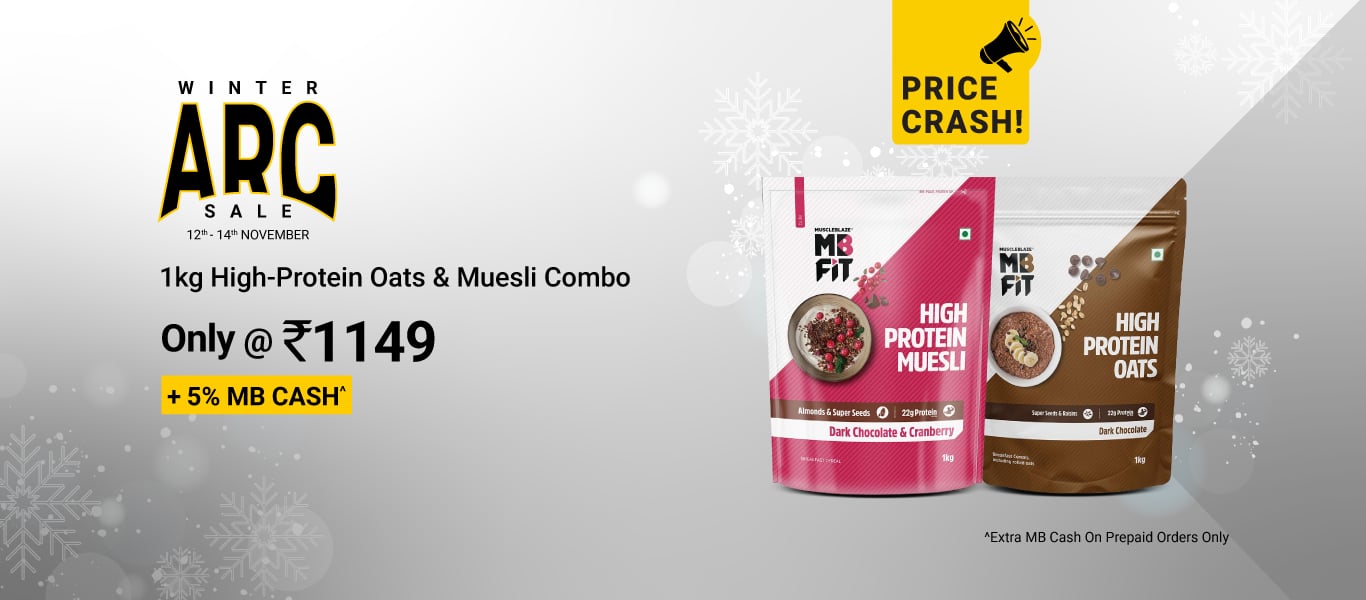 High Protein Oats Dark Chocolate & High Protein Muesli Dark Chocolate & Cranberry 1 kg Combo @ 1149 + 5% MB Cash