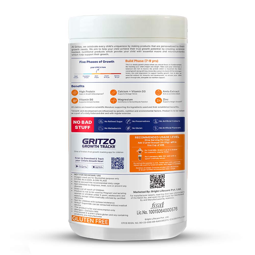 1 - Supermilk Gritzo Overall Growth For 7-9 Yrs Girl Personalized Protein & Nutrition Drink Mix,  400 g  Double Chocolate