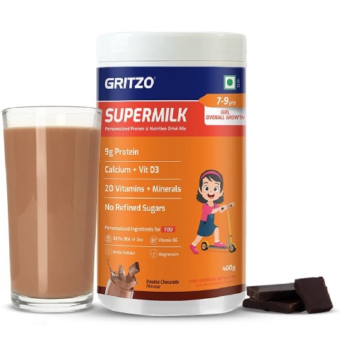 15 - Supermilk Gritzo Overall Growth For 7-9 Yrs Girl Personalized Protein & Nutrition Drink Mix,  400 g  Double Chocolate 