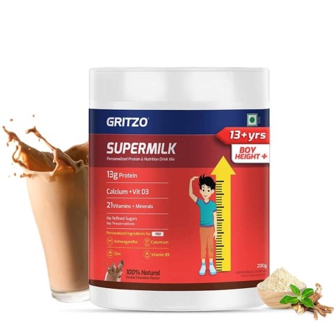 1 - Supermilk Gritzo Height+ for 13+ Yrs Boys Personalized Protein & Nutrition Drink Mix OP,  200 g  Double Chocolate 