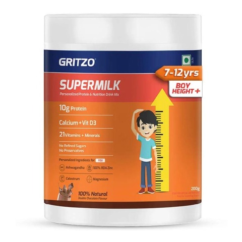 1 - Supermilk Gritzo Height+ for Boy 7-12 Yrs Personalized Protein & Nutrition Drink Mix OP,  200 g  Double Chocolate 