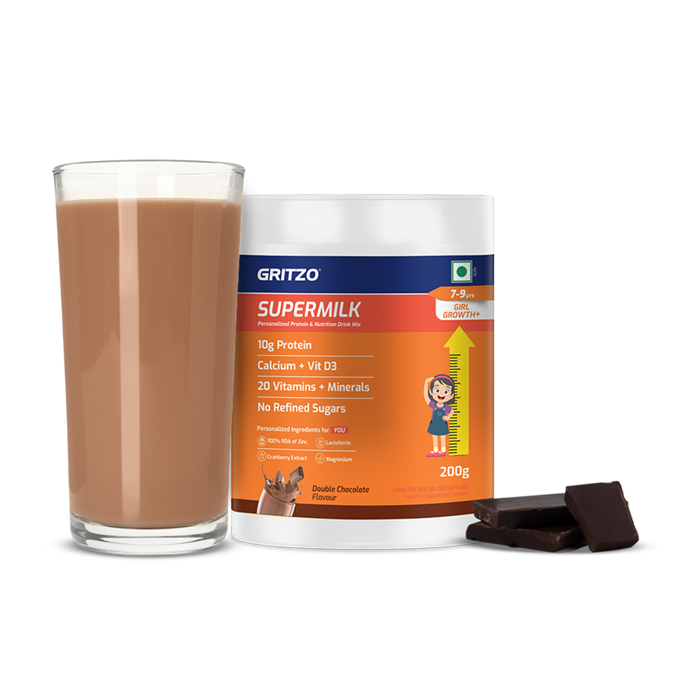 1 - Supermilk Gritzo Height+ for 7-12 Yrs Girls Personalized Protein & Nutrition Drink Mix,  200 g  Double Chocolate 