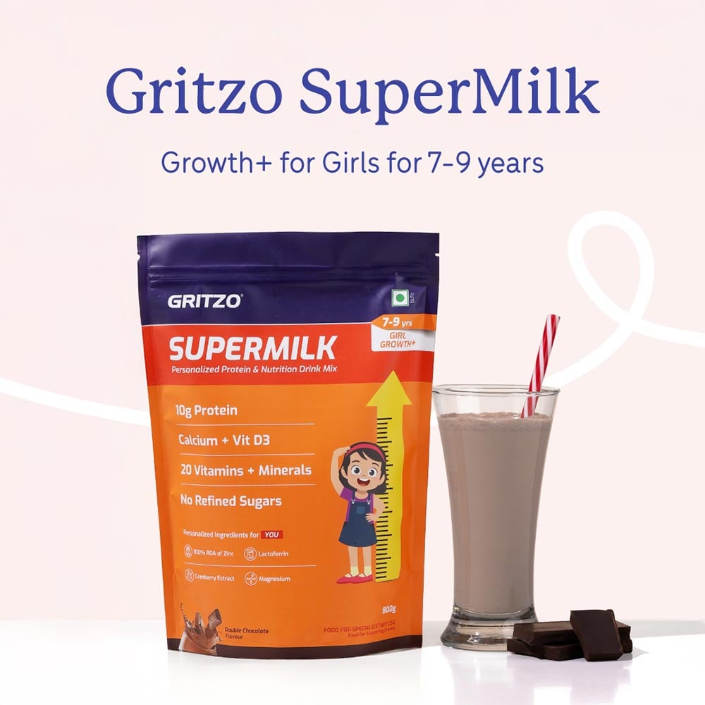 2 - Supermilk Gritzo Height+ for 7-12 Yrs Girls Personalized Protein & Nutrition Drink Mix,  800 g  Double Chocolate