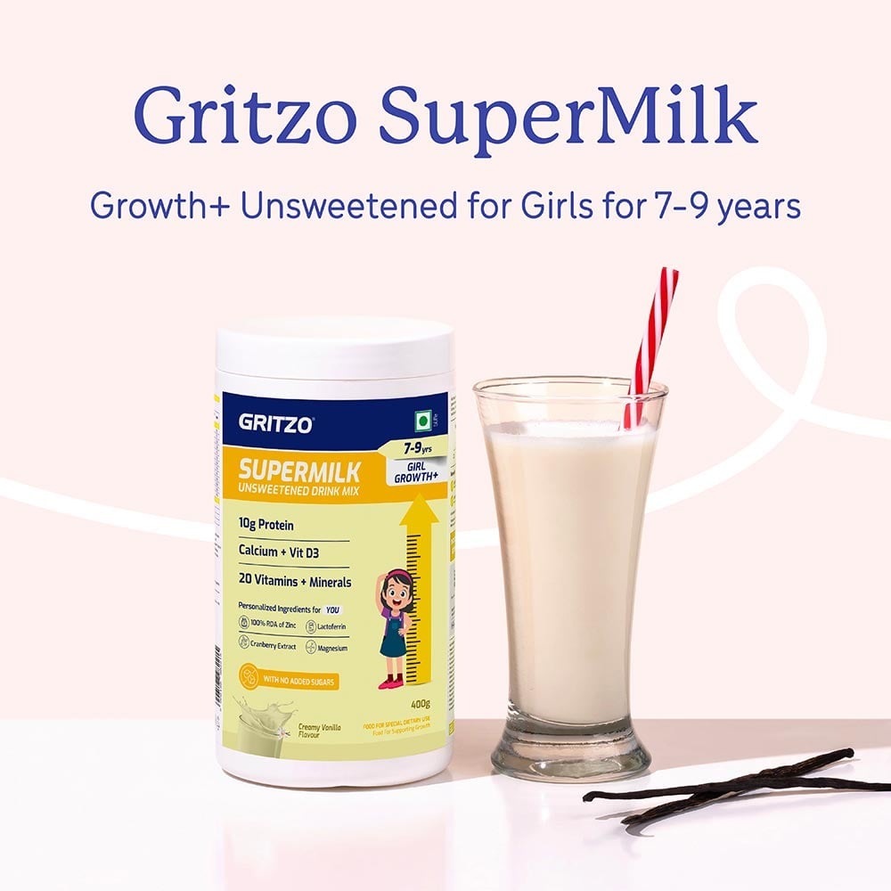 2 - Supermilk Gritzo Height+ Unsweetened for Girl 7 to 12 Years,  400 g  Creamy Vanilla