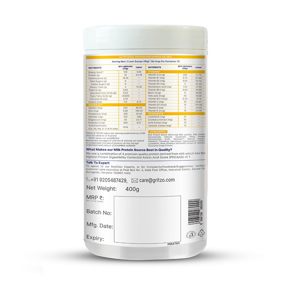 12 - Supermilk Gritzo Height+ Unsweetened for Girl 7 to 12 Years,  400 g  Creamy Vanilla