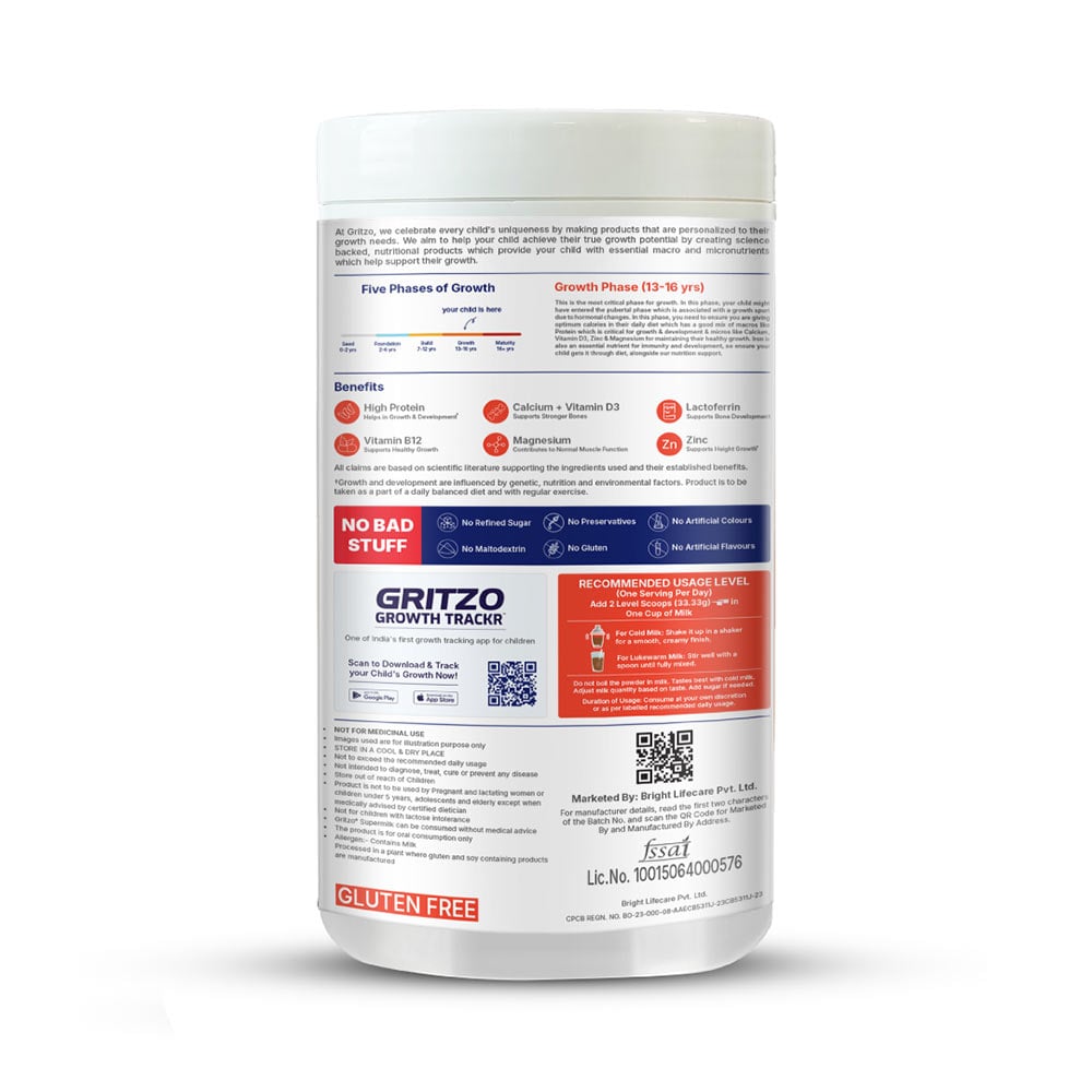 2 - Supermilk Gritzo Height+ for 13+ Yrs Boys Personalized Protein & Nutrition Drink Mix,  400 g  Double Chocolate