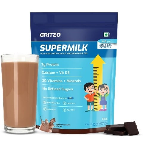 1 - Supermilk Gritzo Height+ for Boy/Girl 2-6 Yrs Personalized Protein & Nutrition Drink Mix, 800 g Double Chocolate