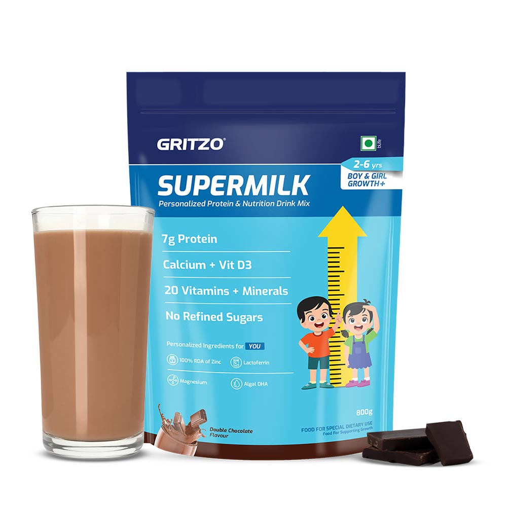 1 - Supermilk Gritzo Height+ for Boy/Girl 2-6 Yrs Personalized Protein & Nutrition Drink Mix, 800 g Double Chocolate