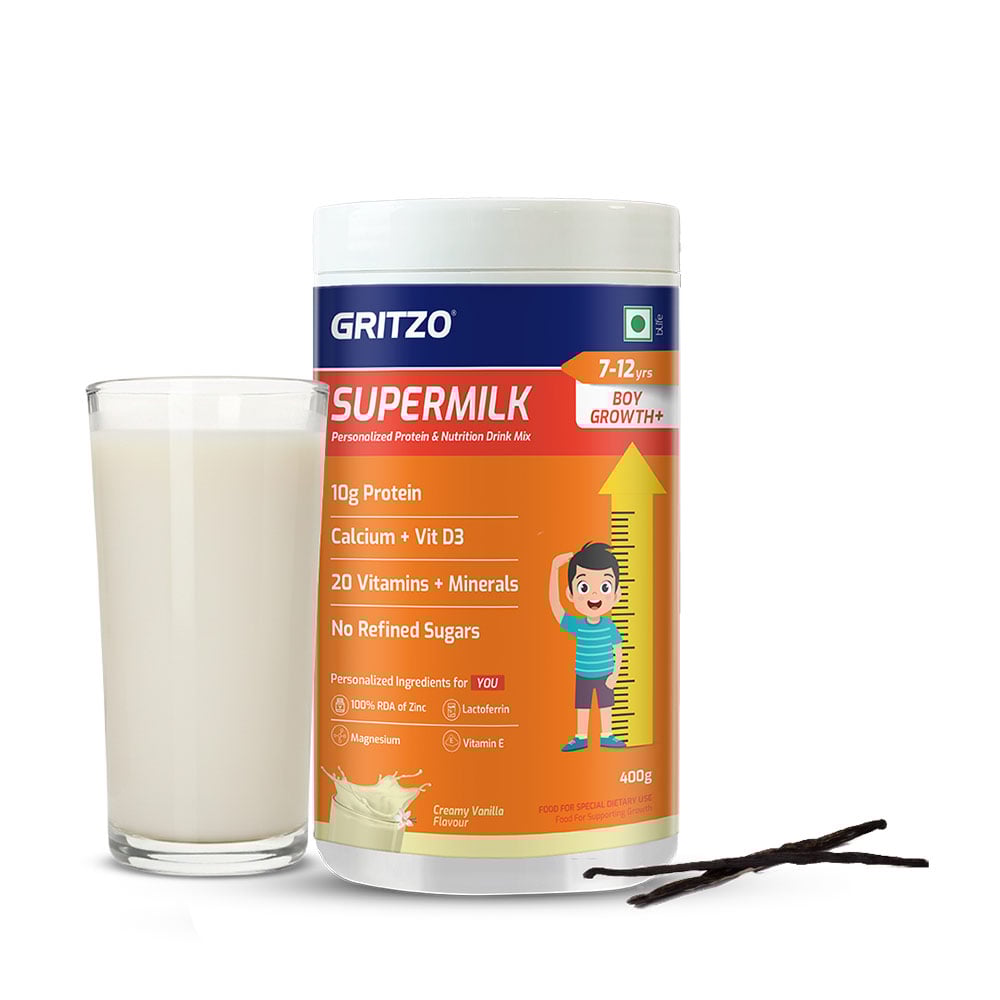 1 - Supermilk Gritzo Height+ for Boy 7-12 Yrs Personalized Protein & Nutrition Drink Mix,  400 g  Creamy Vanilla 