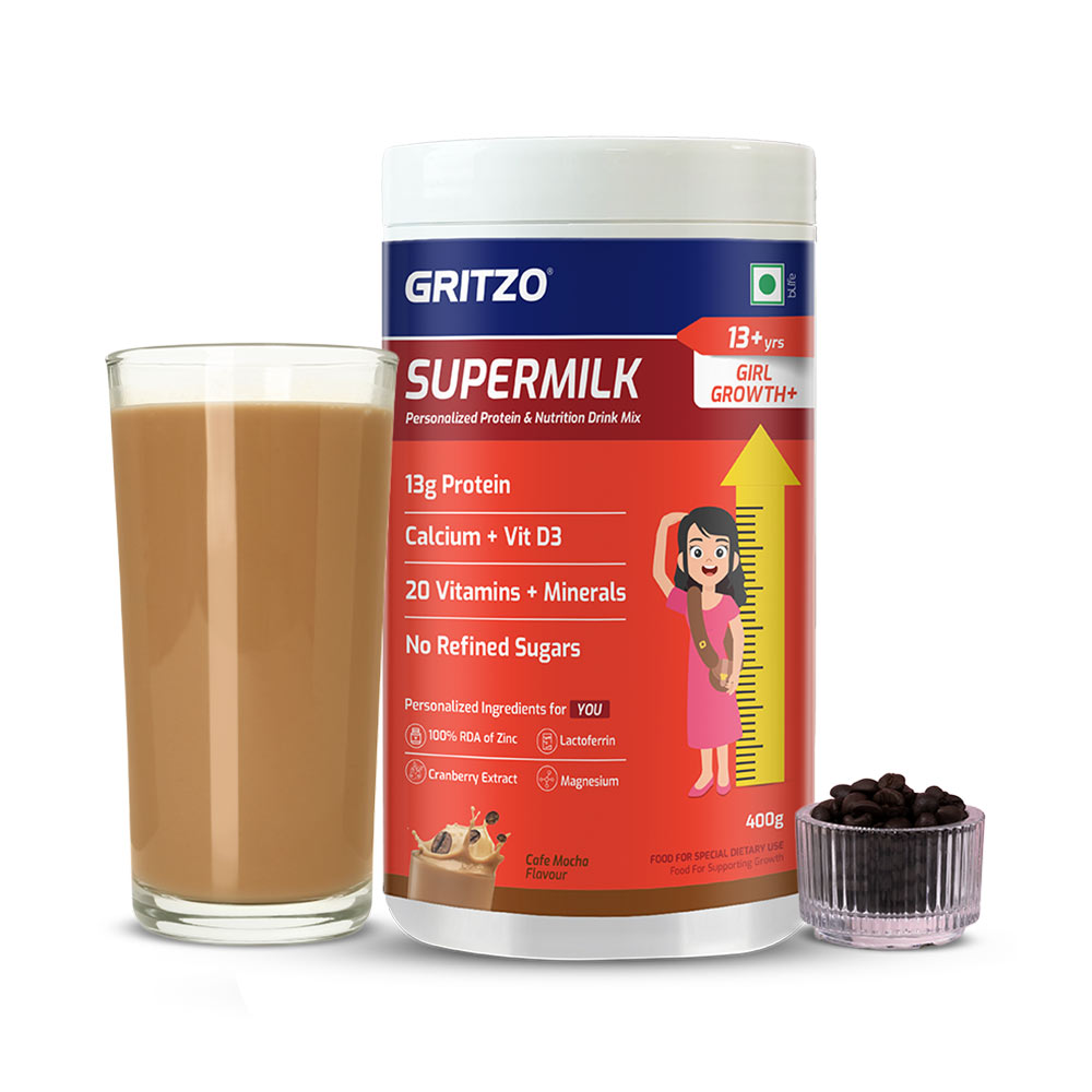 1 - Supermilk Gritzo Height+ for 13+ Yrs Girls Personalized Protein & Nutrition Drink Mix,  400 g  Cafe Mocha 