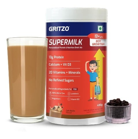 1 - Supermilk Gritzo Height+ for 13+ Yrs Boys Personalized Protein & Nutrition Drink Mix,  400 g  Cafe Mocha 