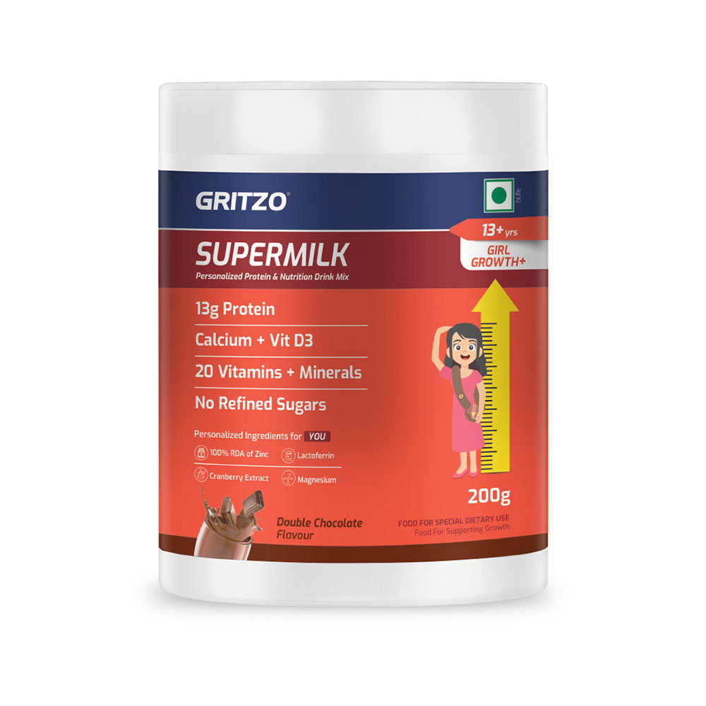 10 - Supermilk Gritzo Height+ for 13+ Yrs Girls Personalized Protein & Nutrition Drink Mix,  200 g  Double Chocolate