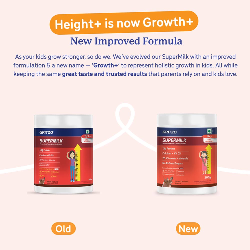 3 - Supermilk Gritzo Height+ for 13+ Yrs Girls Personalized Protein & Nutrition Drink Mix,  200 g  Double Chocolate