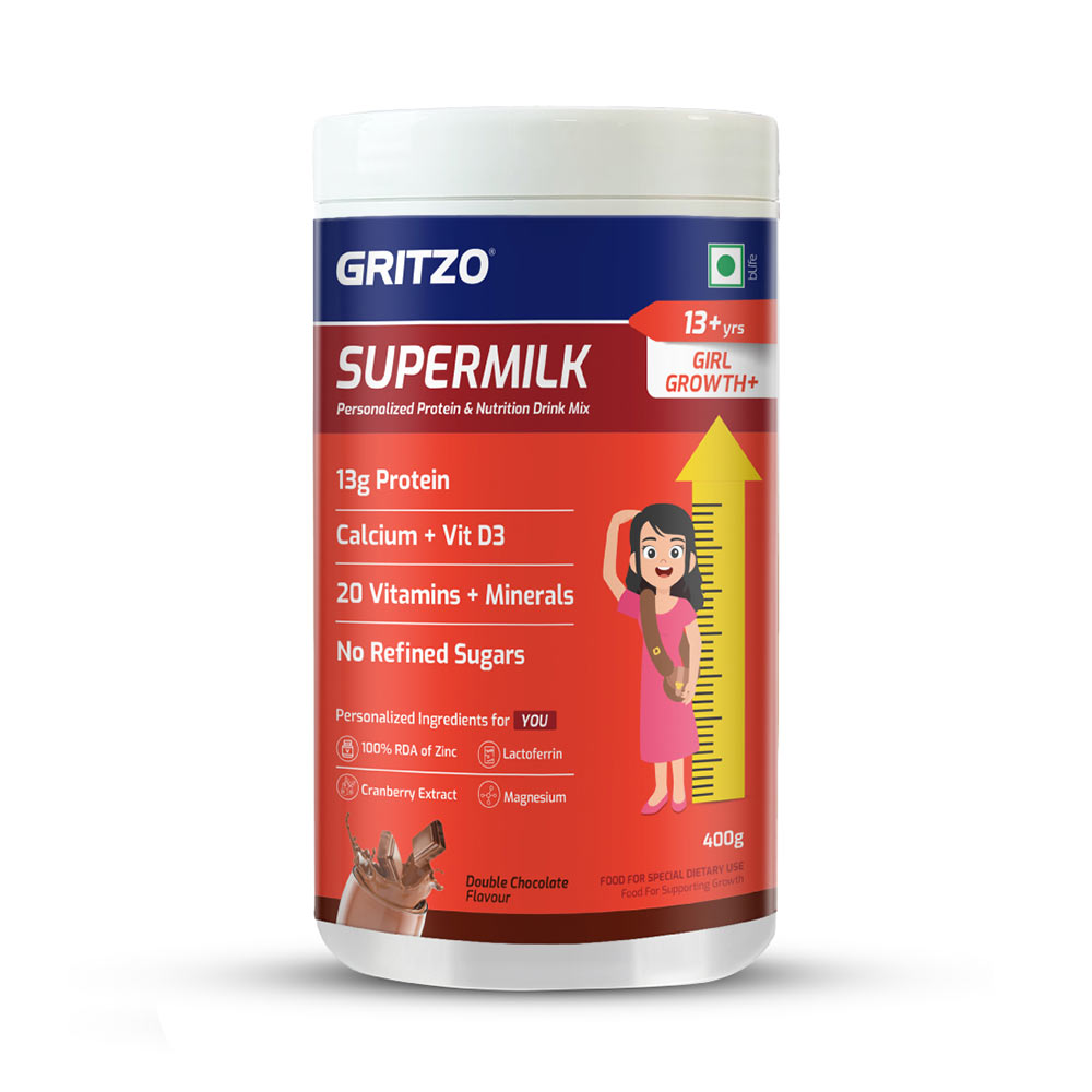 10 - Supermilk Gritzo Height+ for 13+ Yrs Girls Personalized Protein & Nutrition Drink Mix,  400 g  Double Chocolate