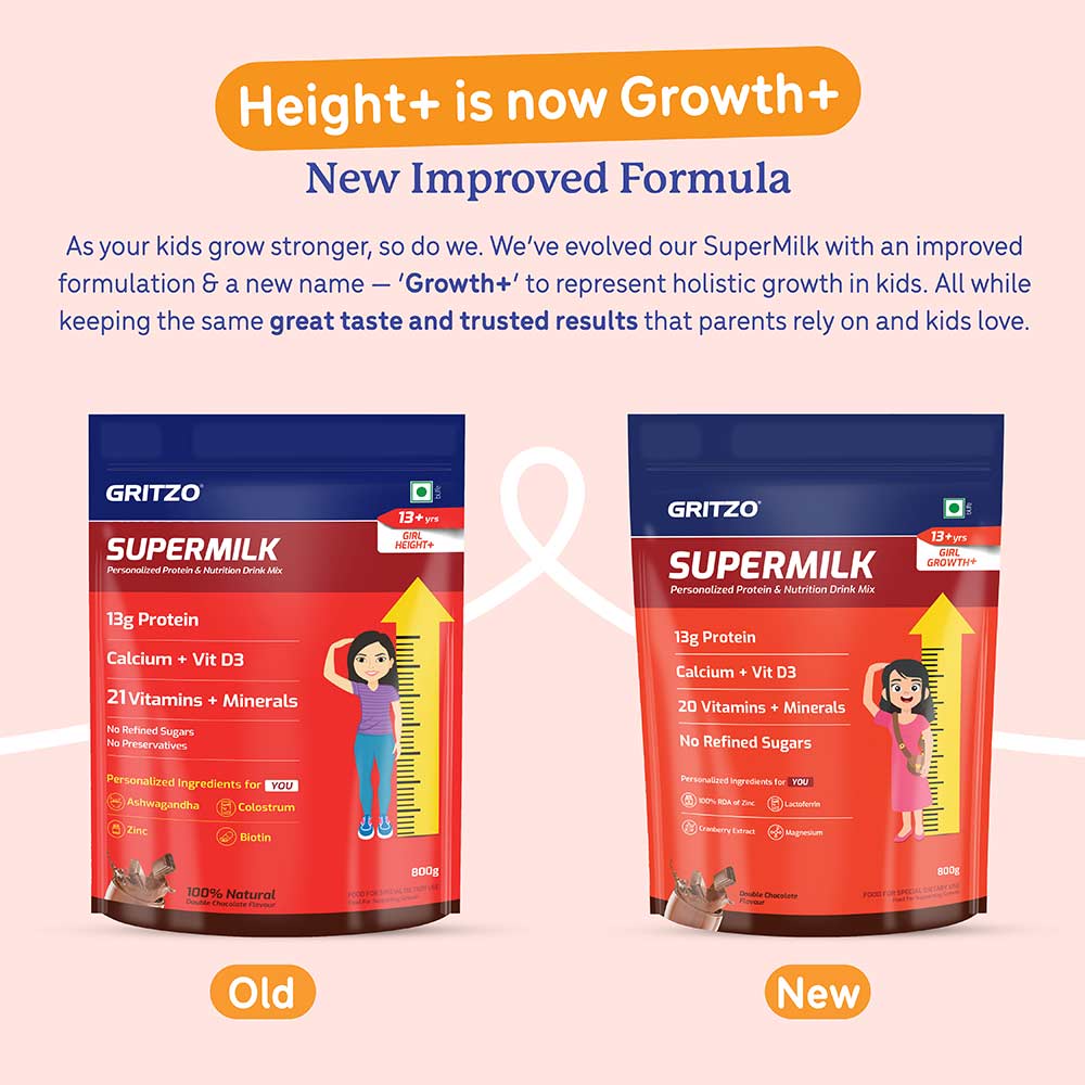 3 - Supermilk Gritzo Height+ for 13+ Yrs Girls Personalized Protein & Nutrition Drink Mix, 800 g Double Chocolate