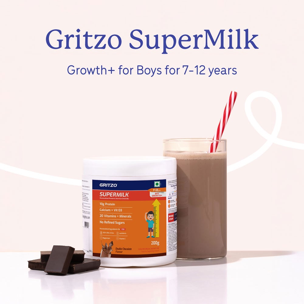 2 - Supermilk Gritzo Height+ for Boy 7-12 Yrs Personalized Protein & Nutrition Drink Mix,  200 g  Double Chocolate