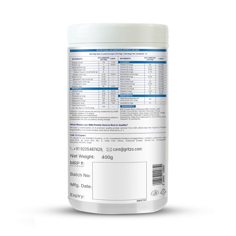 9 - Supermilk Gritzo Height+ for Boy/Girl 2-6 Yrs Personalized Protein & Nutrition Drink Mix, 400 g Double Chocolate