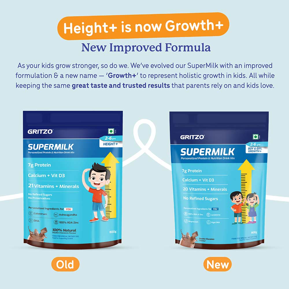 4 - Supermilk Gritzo Height+ for Boy/Girl 2-6 Yrs Personalized Protein & Nutrition Drink Mix, 800 g Double Chocolate