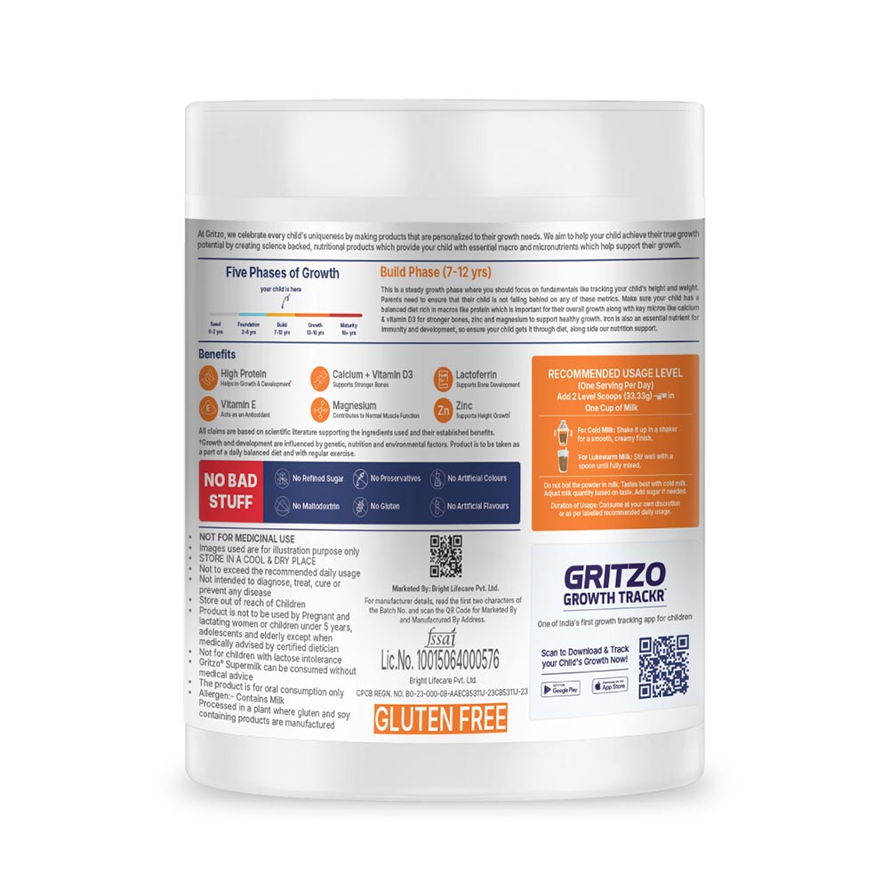 1 - Supermilk Gritzo Height+ for Boy 7-12 Yrs Personalized Protein & Nutrition Drink Mix,  200 g  Double Chocolate