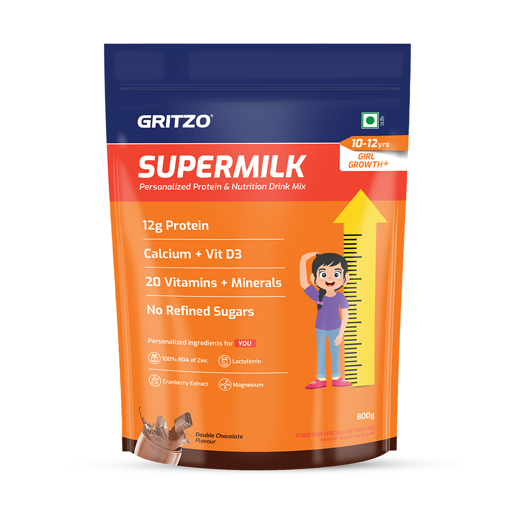 Supermilk Growth+(Formerly Height+) for Girl 10to12 yrs,  800 g  Double Chocolate  10-12 Yrs  Girl  Growth+(Formerly Height+)  With Unrefined Sugar 