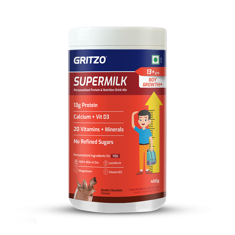 Supermilk Growth+(Formerly Height+) for Boy 13+ years,  400 g  Double Chocolate  13+ Yrs  Boy  Growth+(Formerly Height+)  With Unrefined Sugar 