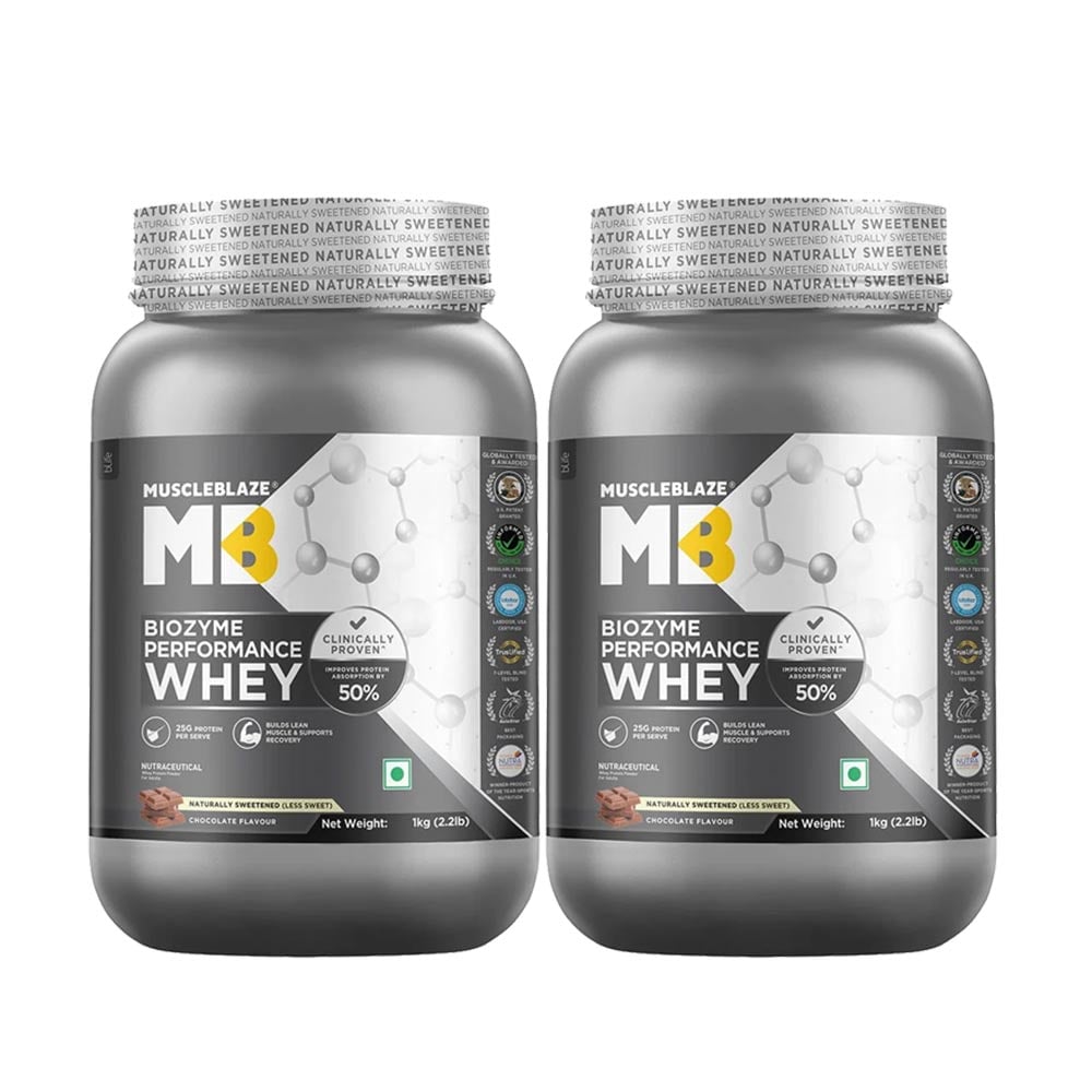 1 - MuscleBlaze Biozyme Performance Whey,  2.2 lb  Less Sweet Chocolate (Pack of 2) 