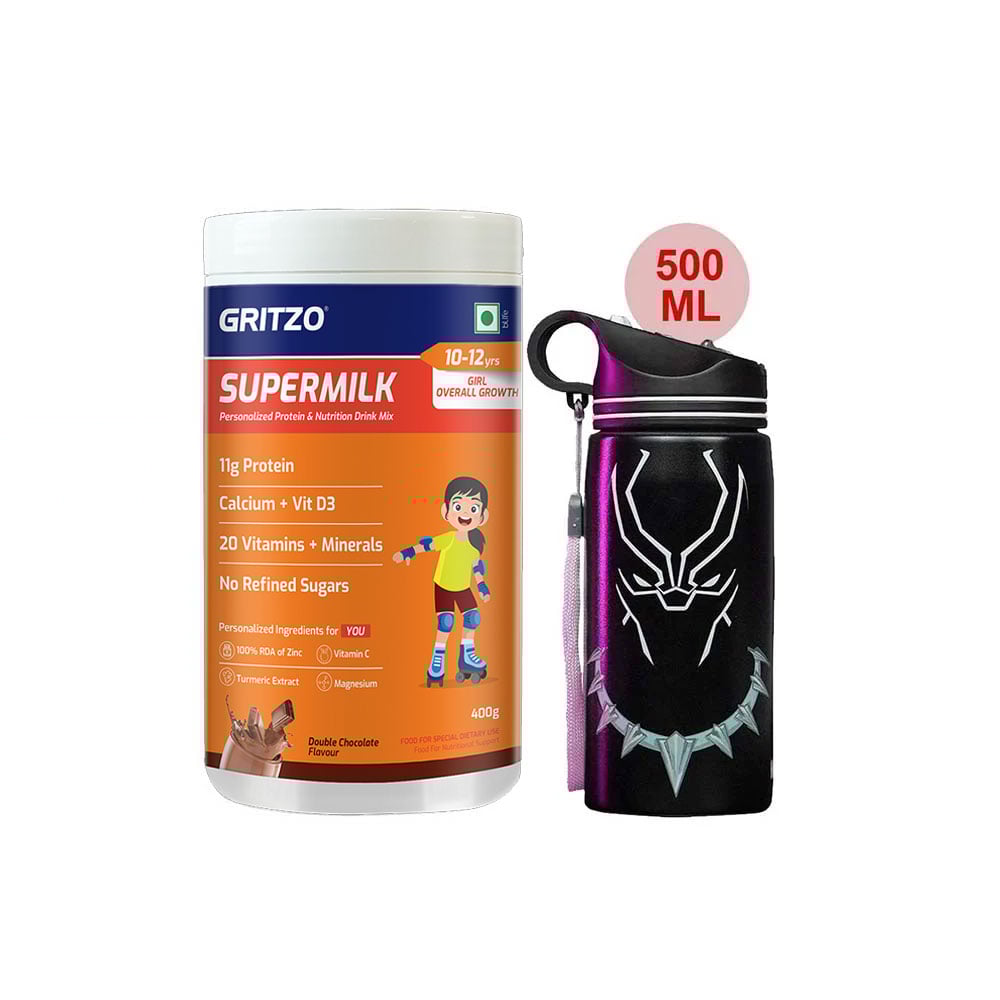 Supermilk Overall Growth for Girl 10 to 12 Yrs 400g and 500ml Black Panther Sipper Combo