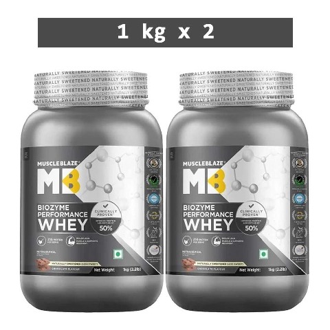 MuscleBlaze Biozyme Performance Whey, 4.4 lb Less Sweet Chocolate (1 kg x 2)
