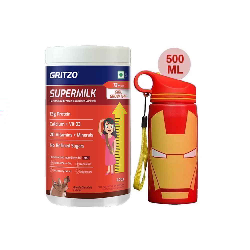 Supermilk Growth+ for Boy 13+ Yrs 400g Double Chocolate and 500ml Iron Man Sipper Combo