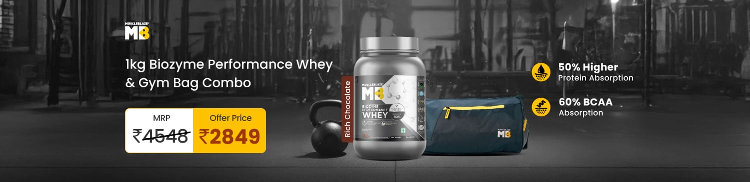 MuscleBlaze Biozyme Performance Whey 1kg Rich Chocolate & Gym Bag Combo | MRP - 4548 | Offer Price - 2849