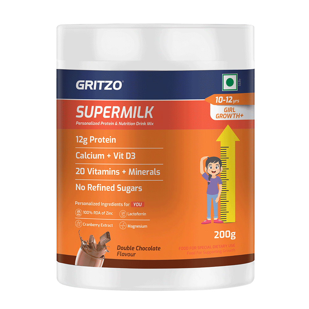 Supermilk Gritzo Growth+(Formerly Height+) for Girl 10 to 12 years,  200 g  Double Chocolate 