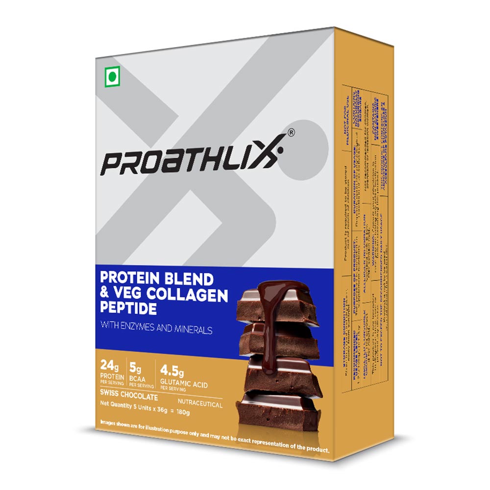 1 - Proathlix Protein Blend & Veg Collagen Peptide,  5 sachets/pack  Swiss Chocolate 