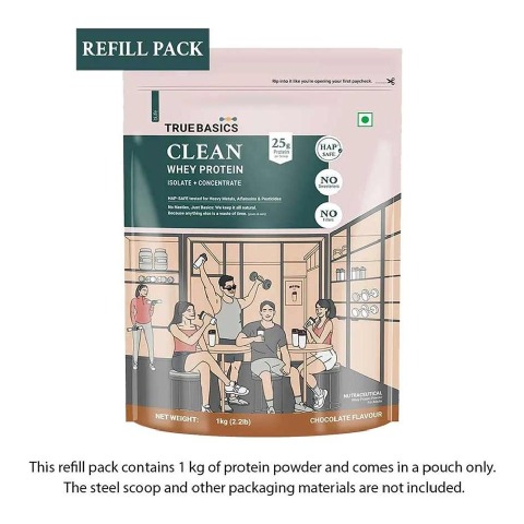 TrueBasics Clean Whey Protein (Isolate + Concentrate),  2.2 lb  Chocolate (Refill Pack) 