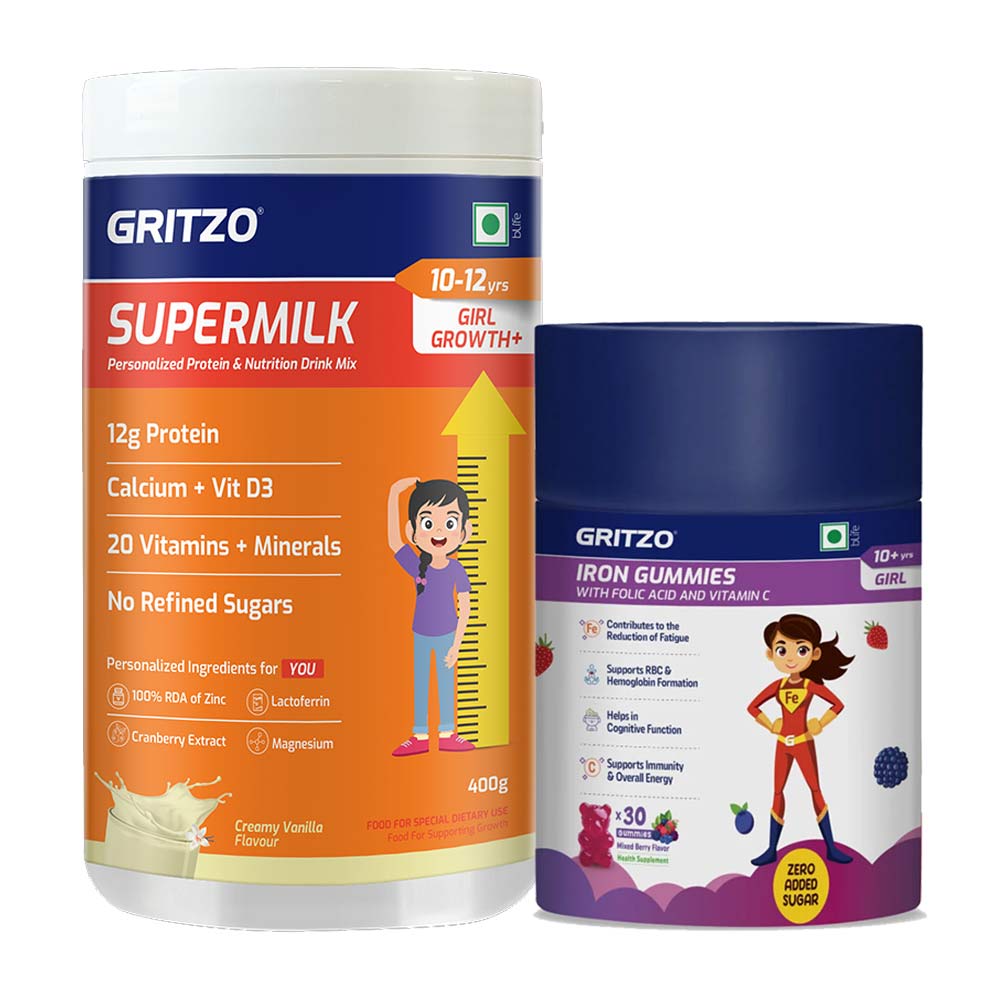 Supermilk Growth+ 400g Creamy Vanilla for 10 to 12 Yrs Girl & Iron Gummies Combo