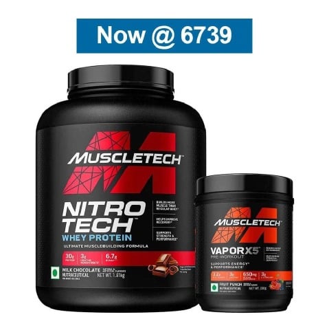 MuscleTech NitroTech Whey Protein 4 lb Milk Chocolate(India) & Vapor X5 Combo,  0.59 lb  Fruit Punch 