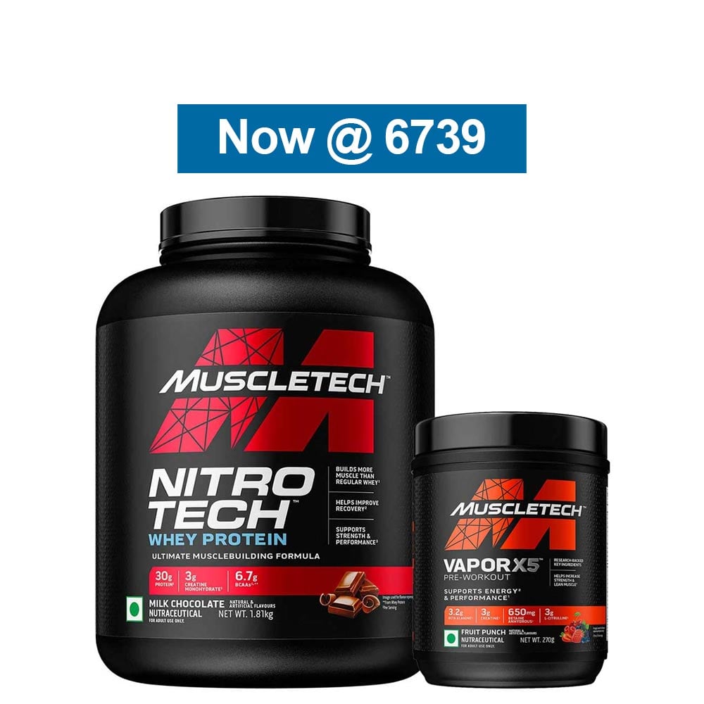 MuscleTech NitroTech Whey Protein 4 lb Milk Chocolate(India) & Vapor X5 Combo,  0.59 lb  Fruit Punch 