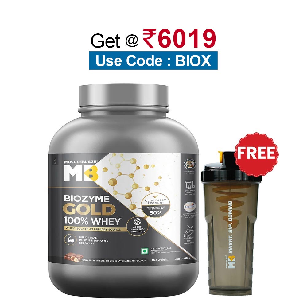 MuscleBlaze Biozyme Gold 100% Whey,  4.4 lb  Monk Fruit Sweetened Chocolate Hazelnut 