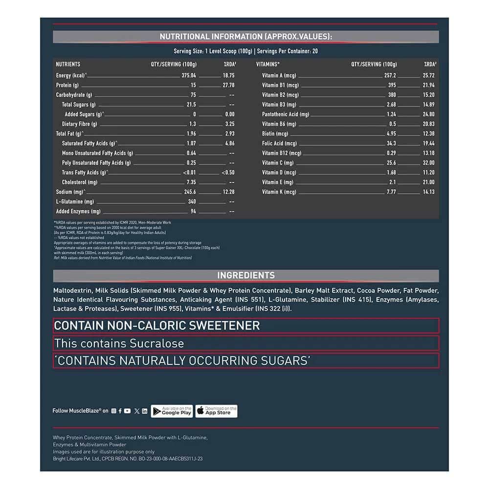 MuscleBlaze Super Gainer XXL 2kg Chocolate & Creatine Monohydrate CreAMP 100g Combo
