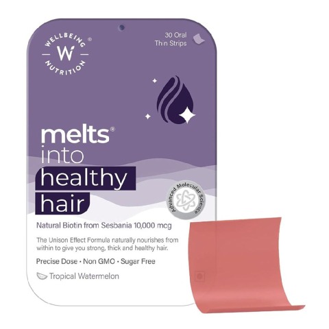 1 - Wellbeing Nutrition Melts Healthy Hair Natural Biotin from Sesbania 10000mcg,  30 Piece(s)/Pack  Tropical Watermelon 