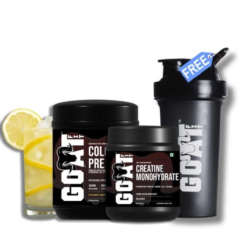 1 - G.O.A.T Fit Colossal Pre Workout 0.39 lb & Creatine Monohydrate 0.22 lb Combo with Free Shaker,  3 Piece(s)/Pack  Masala Lemonade & Unflavoured 