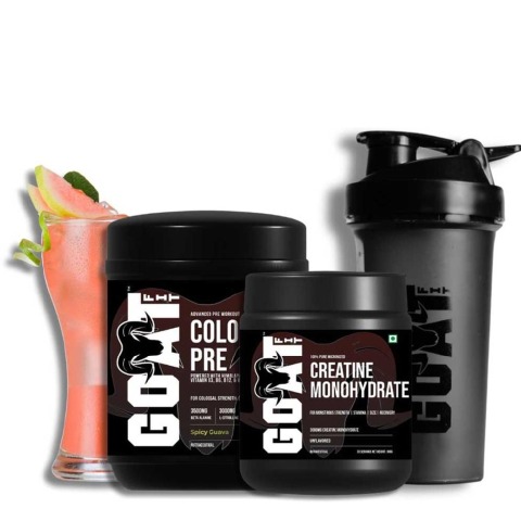 1 - G.O.A.T Fit Colossal Pre Workout 0.39 lb & Creatine Monohydrate 0.22 lb Combo with Free Shaker,  3 Piece(s)/Pack  Spicy Guava & Unflavoured 