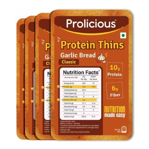 1 - Prolicious Protein Thins Snack Chips, Garlic Bread (Pack of 4) 50 g