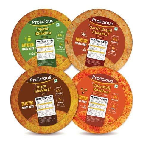 1 - Prolicious High Protein & High Fiber Khakhra Combo, Methi, Garlic Bread, Jeera, Chorafali (Pack of 4) 170 g