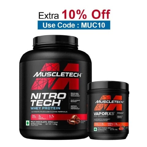 MuscleTech NitroTech Whey Protein 4 lb Milk Chocolate(India) & Vapor X5 Combo,  0.59 lb  Fruit Punch 