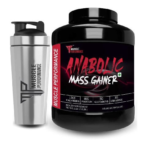 1 - Muscle Performance Anabolic Mass Gainer,  5.5 lb  Belgium Chocolate with Steel Shaker 