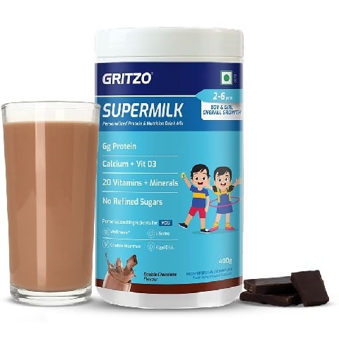 15 - Supermilk Gritzo Overall Growth for Boy/Girl 2-6 Yrs Protein & Nutrition Drink Mix,  400 g  Double Chocolate 