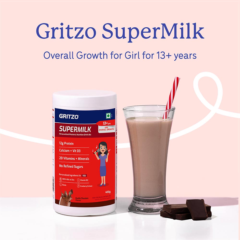 2 - Supermilk Gritzo Overall Growth for 13+ Yrs Girls Protein & Nutrition Drink Mix,  400 g  Double Chocolate 